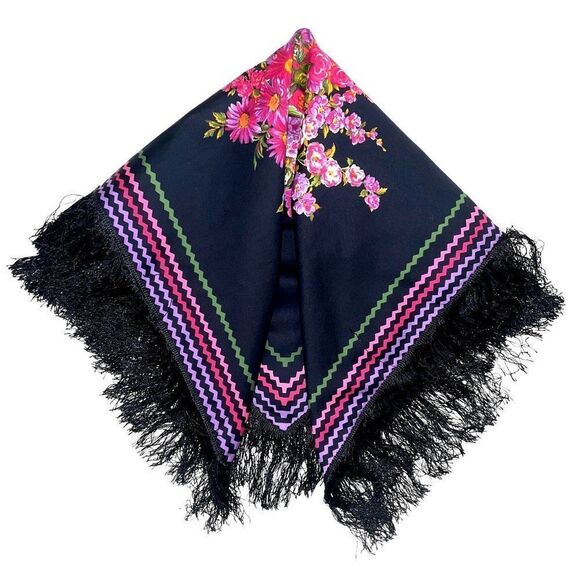 Vintage Peasant Scarf Black Cotton with Pink Floral 32 x 32 inch - Picture 3 of 6